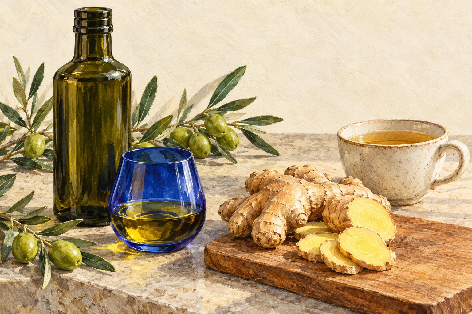 Bicchiere blu da assaggio con olio extravergine, bottiglia di vetro scuro, rametti d'ulivo, radice di zenzero fresca affettata e una tazza di infuso.
