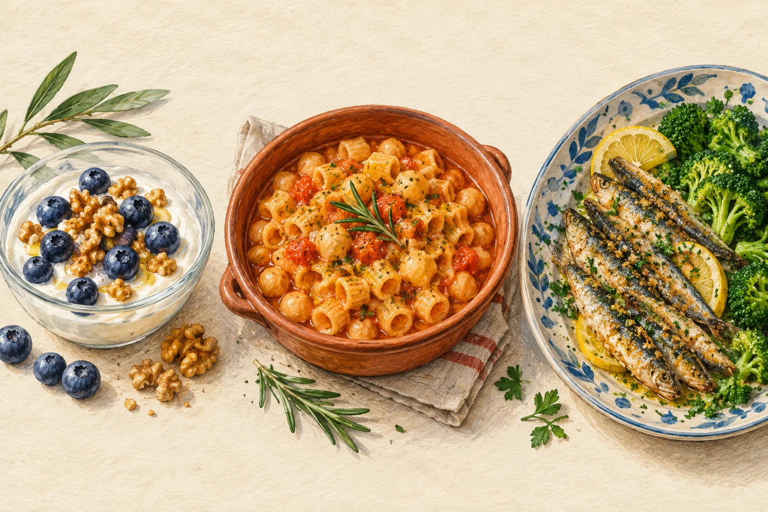 Tre piatti illustrati: yogurt bianco con noci e mirtilli, pasta e ceci in una ciotola di terracotta, pesce azzurro al forno con limone e broccoli.
